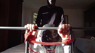 Bound in a bed I roughly fucked my wife holes, pussy and ass front view