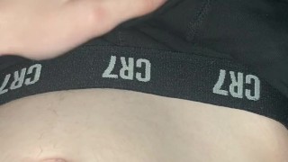 Horny teen, play with bulge and dick after work.