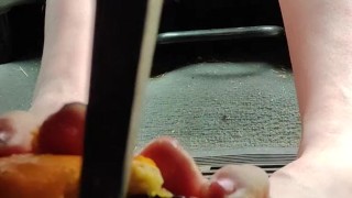 Busting open whole oranges with my BareFeet on my break pedal back pov so you can see it squirt
