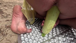 multiorgasm from vegetables of a red-haired slut in nature