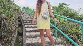 Public NO PANTIES Adventure on Hiking Trail # Risky PEE among people with Great Views