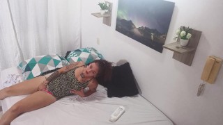 Girls masturbate and then I fuck my friend's pussy with the strap-on