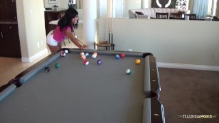 Playing snooker naked always gets Ember James aroused and ready to suck a massive cock