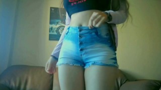 Cute student touching and teasing while alone at home