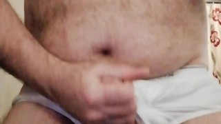 Hairy Daddy Bear Wank in white undies showing off big belly and hairy chest