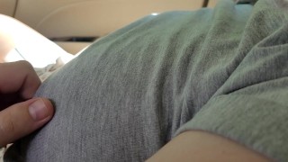 Touching and Rubbing Big Breasted Girl's Nipples in the Car