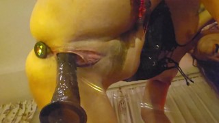 Lingerie Black Dildo FUCK with SQUIRT ORGASM on Glass table