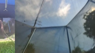 Tall girl in shorts jumping barefooted on a trampoline (slowed down) bottom view