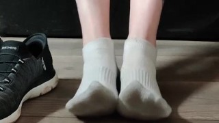 Dirty white ankle socks removed and showing off my long soles