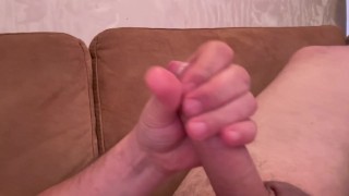 leaking sticky precum during a quick handjob - explosive ending