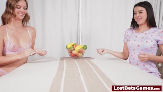 Two skinny hot brunettes playing a strip game followed by extreme sex toys