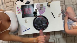 The Cum Contest Two Girls Hot CFNM Dice Challenge with Precum Weighing Try not to Cum Style Stroking