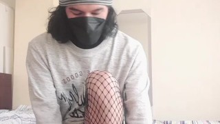 The young and tender femboy TrapyAle models her fishnet lingerie for you to enjoy, enjoy it while sh