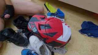 Trashing Puma Rebound and white nike AF1 and cumming on Fox helmet