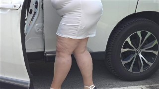 Big ass busty milf with natural boobs in mini dress no panties flashing pussy in office close up BBW