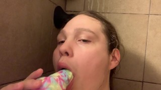 18 year old kisses and sucks their new bad dragon horse dildo all the way to the knot