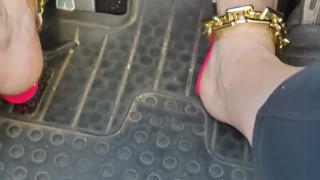 Hard long pressing pedals while driving in my pink pink platform heels & moaning loud