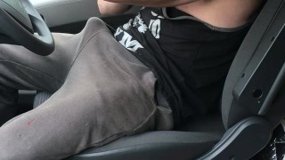 Muscular gay trucker wearing gym vest with huge cock flexes and cums in his truck cab