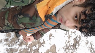 Jerk off in cold snowy land