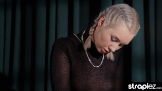 Watch this cute sexy lesbian blonde get a strapon and fuck