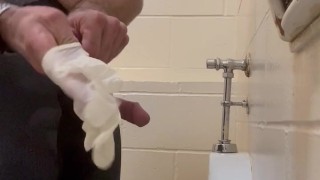 Wank and cum in cycling bib in park restroom