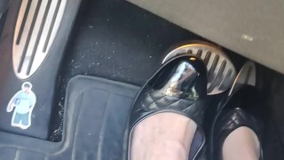 Pedal pumping wearing my tight leather black pants and wearing my new black leather flats