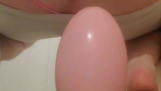 Huge dinosaur egg buttplug under yoga pants and g string makes extreme gape!