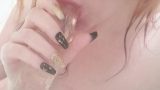 Redhead does Deepthroat Training in the Shower!