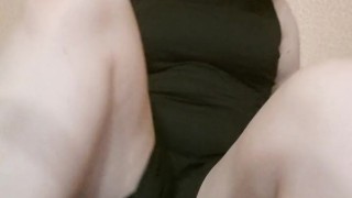 Mistress in black tights and heels puts her panties in your mouth and rides a dildo with a juicy ass