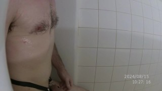 Fucking myself with Chance XXL deep in the shower with a flat cage with long urethra tube