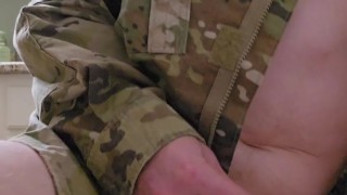 Soldier CUMS first time riding dildo!