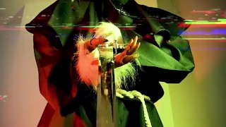 Halloween horror demon edges in priest's robe. Creepy solo monster