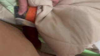 Fucking a homemade toy instead of a girl. Cum in her pussy.