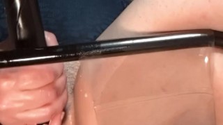 Big pussy gets creamy while being fisted on the stool - This Horny Lady