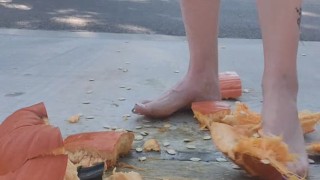 Stomping out and smashing a whole pumpkin with my barefeet