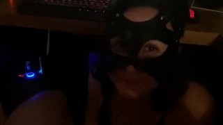 I get horny watching my boyfriend play porn game and suck his dick until he cums in my little throat