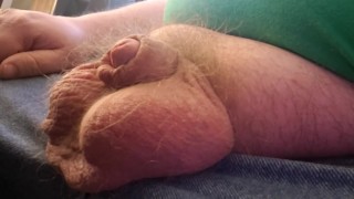 Chubby enby with big fupa relaxing, playing with big balls, soft cock