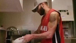 Muscular man has romantic sex in the kitchen