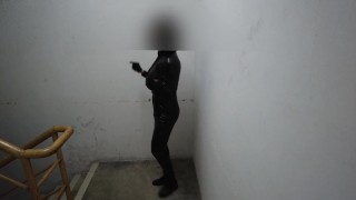 latex bodysuit sissy masturbate staircase