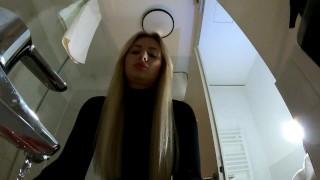 Big Tits Big Ass Hot Blonde Babe in Pantyhose and High Heels with a Miniskirt does a Striptease in t