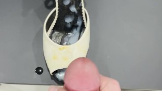 Jerk Off and Cum in Black and White High Heels