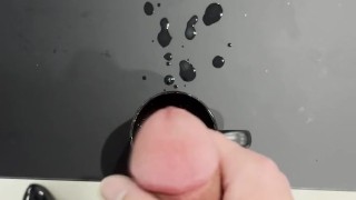 Wearing Latex Pants and Shiny Black High Heels Jerking Off and Huge Load in Coffee