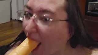 Brunette BBW works on some throat training