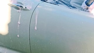 Sexy exhibitionist wife flashing voyeur at car wash