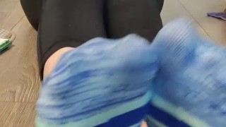 Smell my stinky sweaty colorful socked feet while I spread & wiggle my long toes and tease you