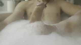 Stroking my big cock in bubble bath (4k)