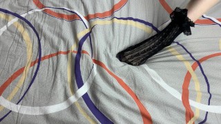 Caressing long legs of girl in black lace socks