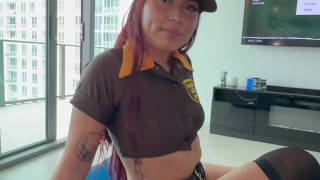 Asian delivery girl gives sloppy blowjob