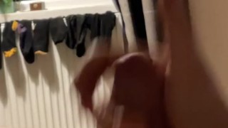 Guy MOANING while CUMMING and FEET in back ground