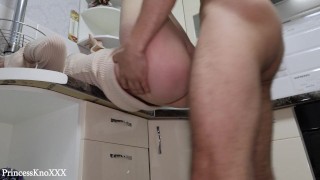 Hot babe having hot sex in the kitchen.